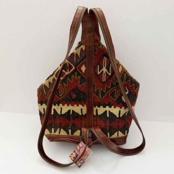 Yun Art Vintage Kilim Wool Carpet Sling Backpack Leather Trim Tribal Boho - Picture 2 of 11